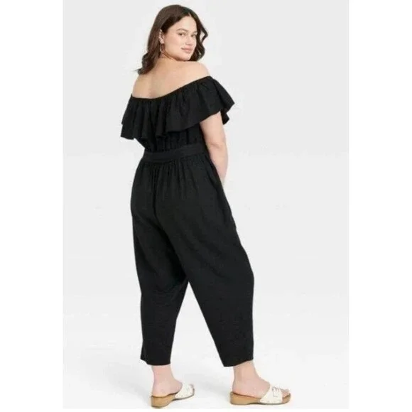 NWOT! Ava & Viv Black Linen Blend Off-Shoulder Cropped Jumpsuit. Plus Size X - Picture 3 of 9